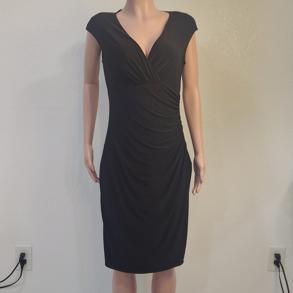 Ralph Lauren Black V Neck Wrap Style Ruched Sheath Dress LBD Size: 12 - Picture 1 of 12
